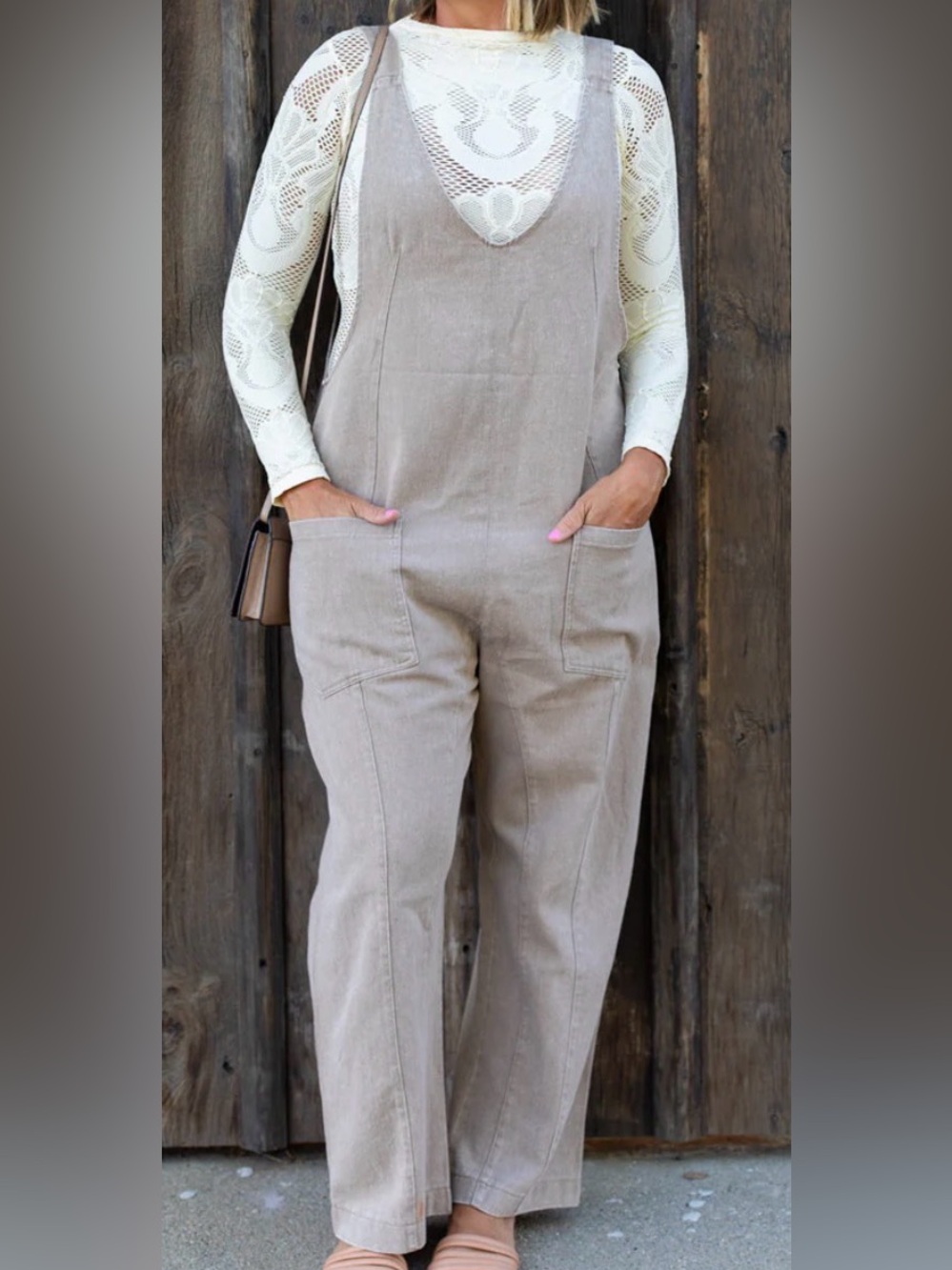 Zenana Outfitters NWOT Beige Linen-Blend Pinafore Jumpsuit